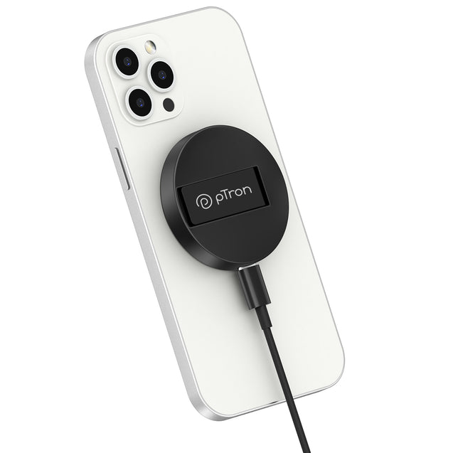 pTron Dynamo Ring V2 15W Magnetic Wireless Charger, Compatible with iPhone 15/14/13/12 Series, Samsung & Other Qi2 Enabled Devices, Compact & Sleek, 3A Type-C to Type-C 1m Cable Included (Black)
