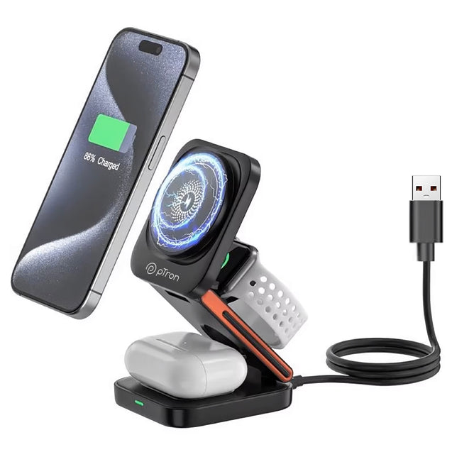 pTron Volta Pro 3-in-1 23W Wireless Charger, Magnetic Charging, Foldable Stand Compatible with iPhone 16/15/14/13/12 Series, Apple Watch, Airpods & Other Magnetic Charging Supported Smartphones (Black)