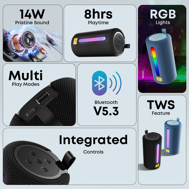 pTron Fusion Buzz 14W Bluetooth Speaker with Pristine Sound, 8hrs Playback, Rhythmic RGB LEDs, Multi-Play Modes BT5.3/TF Card/USB, TWS Feature, Integrated Button Controls, Type-C Charging (Blue)