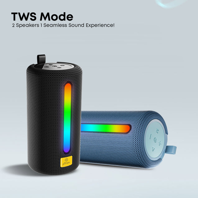 pTron Fusion Buzz 14W Bluetooth Speaker with Pristine Sound, 8hrs Playback, Rhythmic RGB LEDs, Multi-Play Modes BT5.3/TF Card/USB, TWS Feature, Integrated Button Controls, Type-C Charging (Blue)