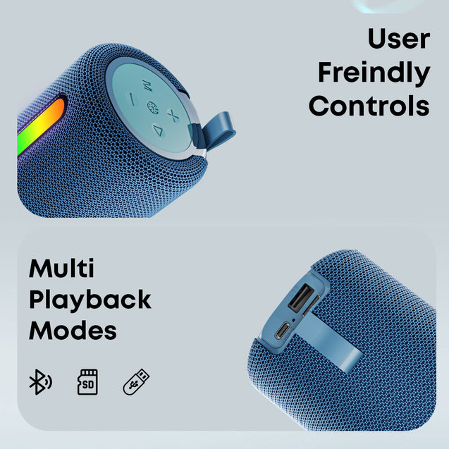pTron Fusion Buzz 14W Bluetooth Speaker with Pristine Sound, 8hrs Playback, Rhythmic RGB LEDs, Multi-Play Modes BT5.3/TF Card/USB, TWS Feature, Integrated Button Controls, Type-C Charging (Blue)