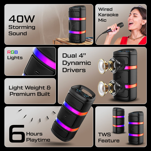 pTron Fusion Quad 40W Bluetooth Karaoke Party Speaker with 3M Wired Mic & Vivid RGB Lights, 6H Playtime, Mic Volume Control, 5 Equalizer Settings, BT/USB/SD Playback & Type-C Charging (Coal Black)