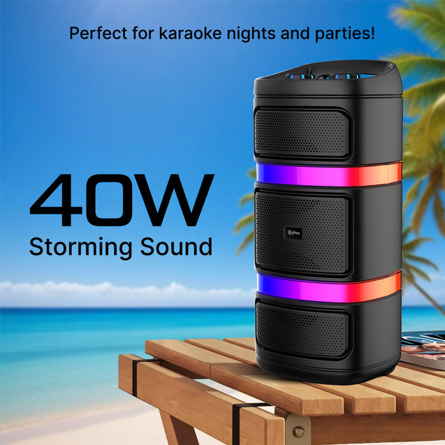 pTron Fusion Quad 40W Bluetooth Karaoke Party Speaker with 3M Wired Mic & Vivid RGB Lights, 6H Playtime, Mic Volume Control, 5 Equalizer Settings, BT/USB/SD Playback & Type-C Charging (Coal Black)