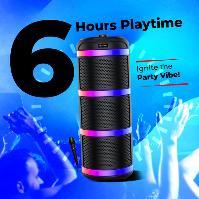 pTron Fusion Theatre 60W Karaoke Bluetooth Party Speaker with Punchy Stereo Sound, Rhythmic RGB Lights, 3m Wired Mic, 6H Playtime, 5 Equalisers, BT/USB/SD Card Playback & Type-C Charging (Coal Black)