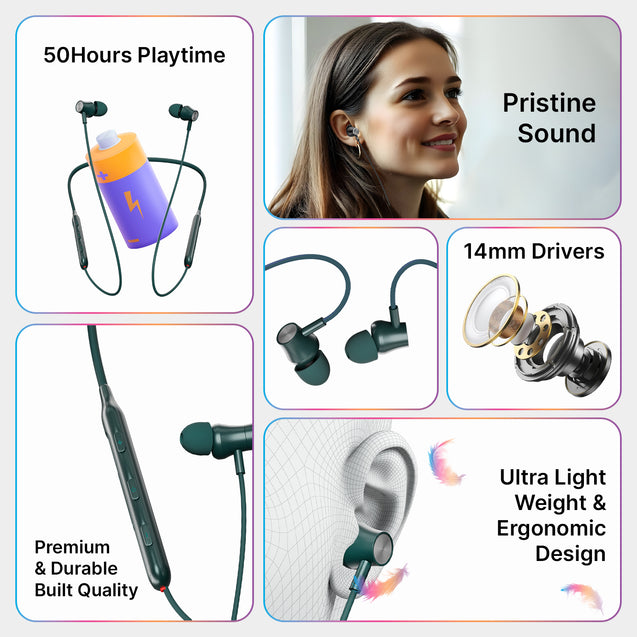 pTron Tangent Evolve w/ 50Hrs Playtime, HD Mic, Pristine Sound, 14mm Drivers, Bluetooth V5.3 w/Dual-Device Pairing Wireless Neckband, Magnetic Buds, Voice Assistant, Type-C Fast Charging & IPX4 (Green)