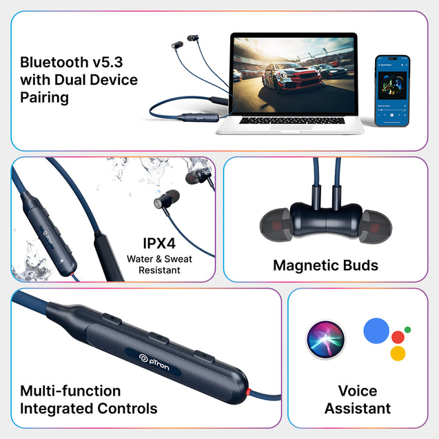 pTron Tangent Evolve w/ 50Hrs Playtime, HD Mic, Pristine Sound, 14mm Drivers, Bluetooth V5.3 w/Dual-Device Pairing Wireless Neckband, Magnetic Buds, Voice Assistant, Type-C Fast Charging & IPX4 (Black & Blue)