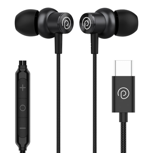 pTron Boom Play V2 in-Ear Type-C Wired Headphones with Mic, 10mm Drivers for Immersive Sound & Deep Bass, 1.2m Tangle-Free Cable, in-line Controls, Snug-fit Metal Buds & Wide Compatibility (Black)