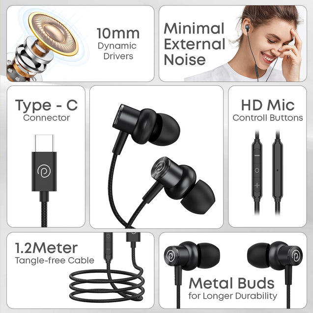 pTron Boom Play V2 in-Ear Type-C Wired Headphones with Mic, 10mm Drivers for Immersive Sound & Deep Bass, 1.2m Tangle-Free Cable, in-line Controls, Snug-fit Metal Buds & Wide Compatibility (Black)