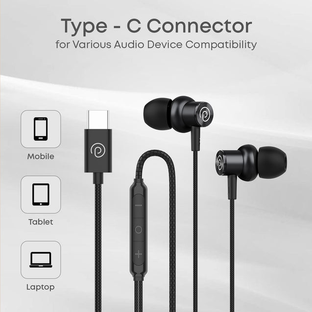 pTron Boom Play V2 in-Ear Type-C Wired Headphones with Mic, 10mm Drivers for Immersive Sound & Deep Bass, 1.2m Tangle-Free Cable, in-line Controls, Snug-fit Metal Buds & Wide Compatibility (Black)