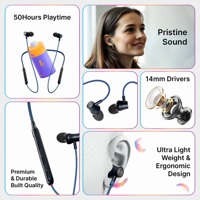 pTron Tangent Evolve w/ 50Hrs Playtime, HD Mic, Pristine Sound, 14mm Drivers, Bluetooth V5.3 w/Dual-Device Pairing Wireless Neckband, Magnetic Buds, Voice Assistant, Type-C Fast Charging & IPX4 (Black)