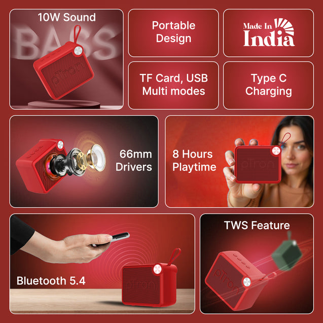 pTron Funk Rap 10W Mini Bluetooth Speaker with Pristine Sound, 8 Hours Playtime, Multi-Playback Modes-BT5.4/TF Card/USB, Front Metal Grill, Type-C Fast Charging, Multi-function Control Buttons (Red)