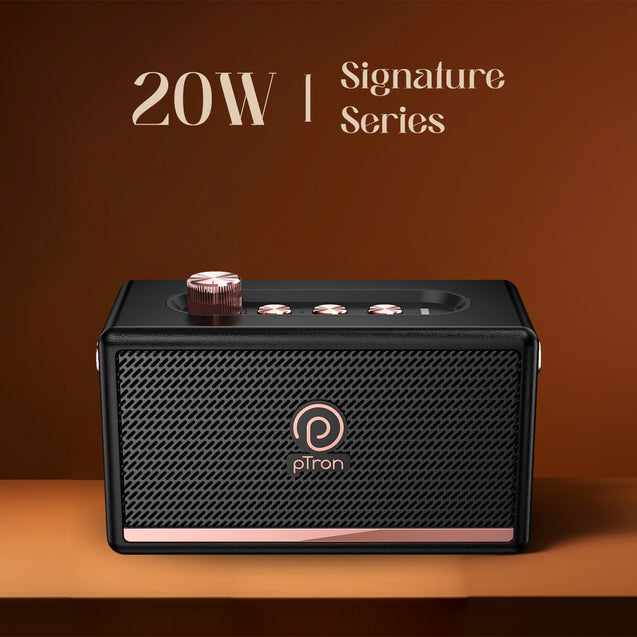 pTron Fusion Pro Retro Signature 20W Bluetooth Speaker with Pristine Sound, 8 Hours Playtime, Dual Drivers, Playback via BT5.3/USB/TF Card, Easy Controls, Portable Speaker & Type C Charging (Black)