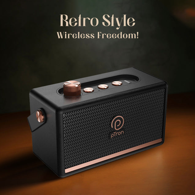 pTron Fusion Pro Retro Signature 20W Bluetooth Speaker with Pristine Sound, 8 Hours Playtime, Dual Drivers, Playback via BT5.3/USB/TF Card, Easy Controls, Portable Speaker & Type C Charging (Black)