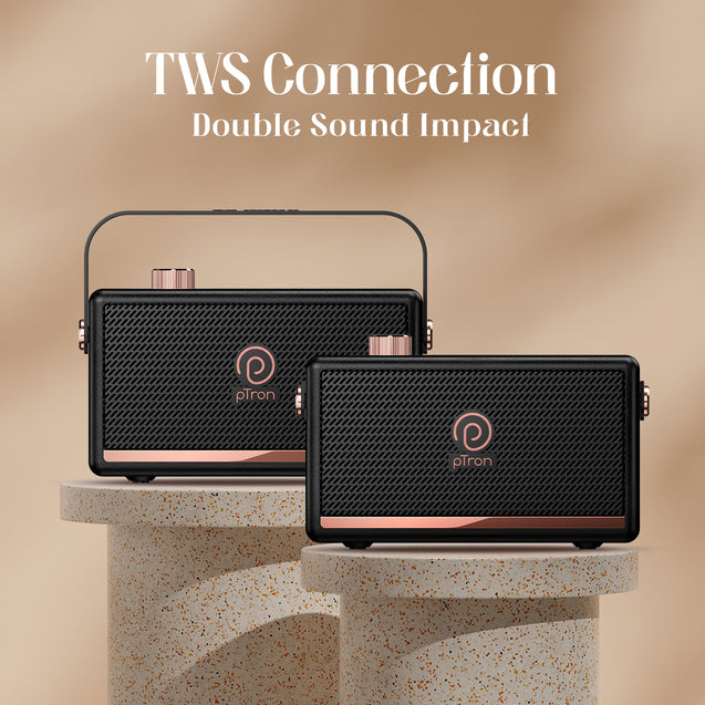pTron Fusion Pro Retro Signature 20W Bluetooth Speaker with Pristine Sound, 8 Hours Playtime, Dual Drivers, Playback via BT5.3/USB/TF Card, Easy Controls, Portable Speaker & Type C Charging (Black)