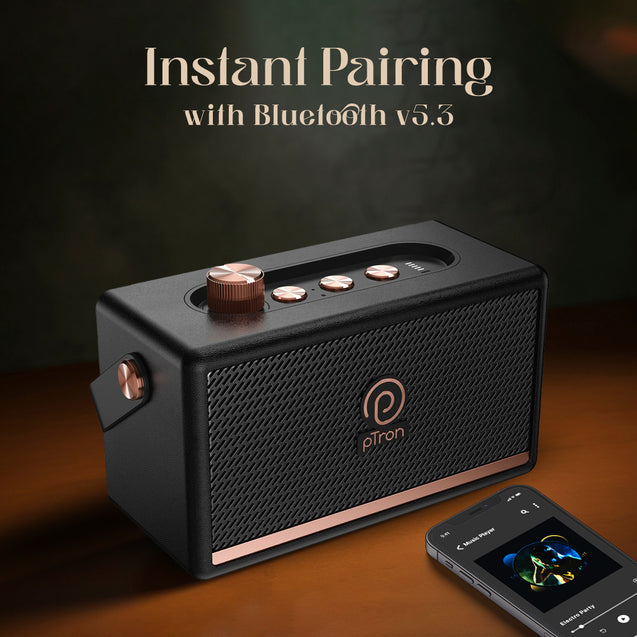 pTron Fusion Pro Retro Signature 20W Bluetooth Speaker with Pristine Sound, 8 Hours Playtime, Dual Drivers, Playback via BT5.3/USB/TF Card, Easy Controls, Portable Speaker & Type C Charging (Black)