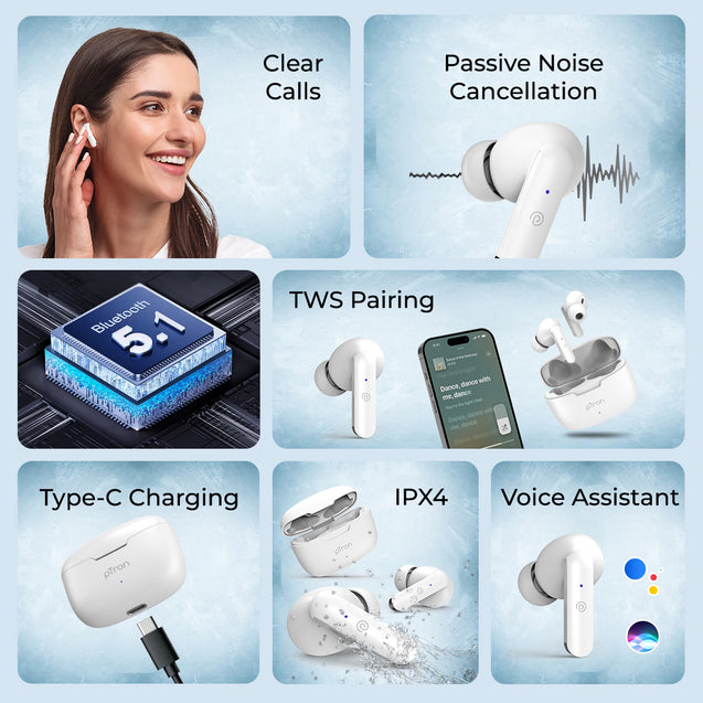 pTron Basspods P81 in-Ear Wireless Earbuds, Pristine Sound, 32Hrs Playtime, Clear Calls TWS Earbuds, Bluetooth V5.1 Headphone, Type-C Fast Charging, Voice Assist & IPX4 Water Resistant (White)