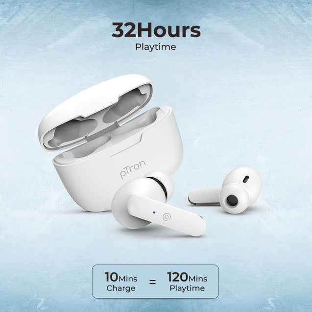 pTron Basspods P81 in-Ear Wireless Earbuds, Pristine Sound, 32Hrs Playtime, Clear Calls TWS Earbuds, Bluetooth V5.1 Headphone, Type-C Fast Charging, Voice Assist & IPX4 Water Resistant (White)