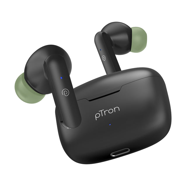 pTron Basspods P81 In-Ear Wireless Earbuds, Pristine Sound, 32Hrs Playtime, Clear Calls TWS Earbuds, Bluetooth V5.1 Headphone, Type-C Fast Charging, Voice Assist & IPX4 Water Resistant (Black & Green)