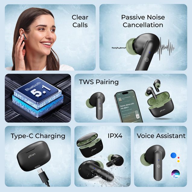 pTron Basspods P81 In-Ear Wireless Earbuds, Pristine Sound, 32Hrs Playtime, Clear Calls TWS Earbuds, Bluetooth V5.1 Headphone, Type-C Fast Charging, Voice Assist & IPX4 Water Resistant (Black & Green)