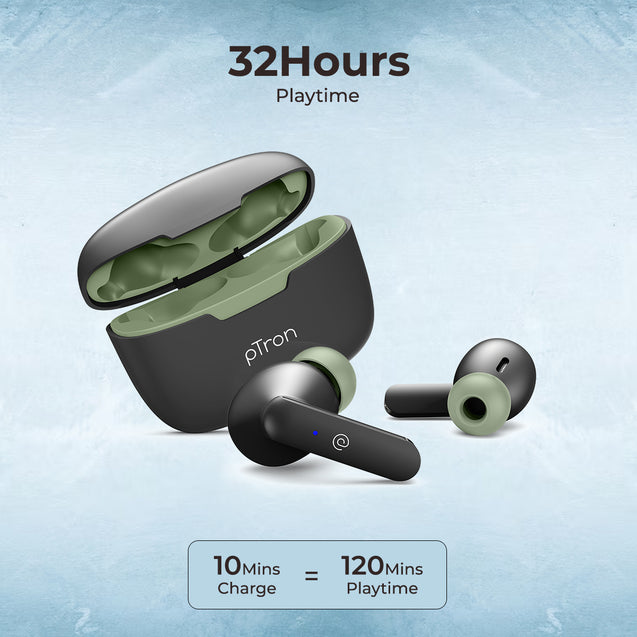 pTron Basspods P81 In-Ear Wireless Earbuds, Pristine Sound, 32Hrs Playtime, Clear Calls TWS Earbuds, Bluetooth V5.1 Headphone, Type-C Fast Charging, Voice Assist & IPX4 Water Resistant (Black & Green)