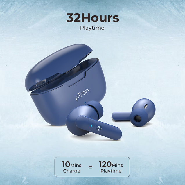 pTron Basspods P81 in-Ear Wireless Earbuds, Pristine Sound, 32Hrs Playtime, Clear Calls TWS Earbuds, Bluetooth V5.1 Headphone, Type-C Fast Charging, Voice Assist & IPX4 Water Resistant (Blue)