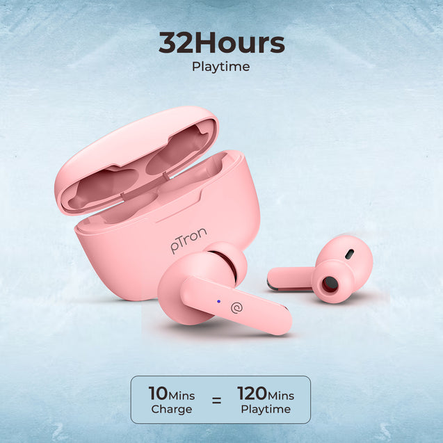 pTron Basspods P81 in-Ear Wireless Earbuds, Pristine Sound, 32Hrs Playtime, Clear Calls TWS Earbuds, Bluetooth V5.1 Headphone, Type-C Fast Charging, Voice Assist & IPX4 Water Resistant (Pink)