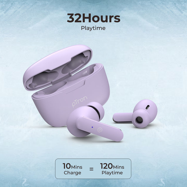 pTron Basspods P81 in-Ear Wireless Earbuds, Pristine Sound, 32Hrs Playtime, Clear Calls TWS Earbuds, Bluetooth V5.1 Headphone, Type-C Fast Charging, Voice Assist & IPX4 Water Resistant (Light Lilac)