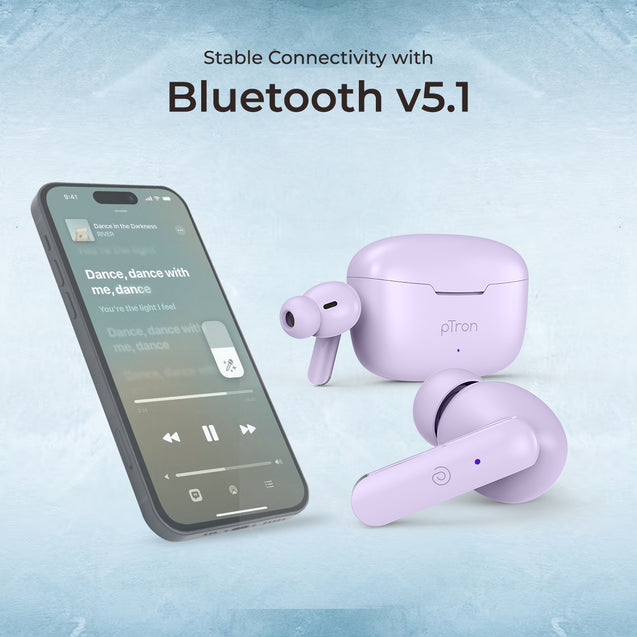 pTron Basspods P81 in-Ear Wireless Earbuds, Pristine Sound, 32Hrs Playtime, Clear Calls TWS Earbuds, Bluetooth V5.1 Headphone, Type-C Fast Charging, Voice Assist & IPX4 Water Resistant (Light Lilac)