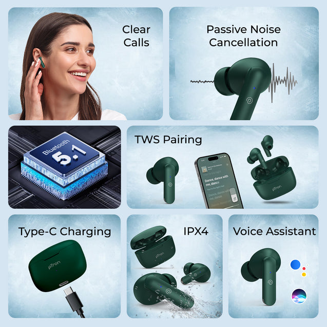 pTron Basspods P81 in-Ear Wireless Earbuds, Pristine Sound, 32Hrs Playtime, Clear Calls TWS Earbuds, Bluetooth V5.1 Headphone, Type-C Fast Charging, Voice Assist & IPX4 Water Resistant (Green)