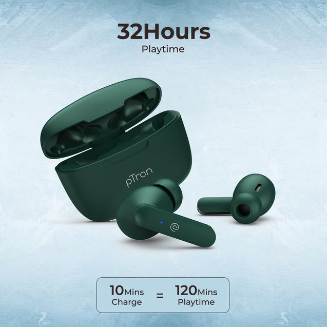 pTron Basspods P81 in-Ear Wireless Earbuds, Pristine Sound, 32Hrs Playtime, Clear Calls TWS Earbuds, Bluetooth V5.1 Headphone, Type-C Fast Charging, Voice Assist & IPX4 Water Resistant (Green)
