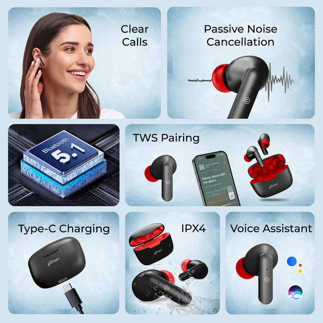 pTron Basspods P81 in-Ear Wireless Earbuds, Pristine Sound, 32Hrs Playtime, Clear Calls TWS Earbuds, Bluetooth V5.1 Headphone, Type-C Fast Charging, Voice Assist & IPX4 Water Resistant (Black & Red)
