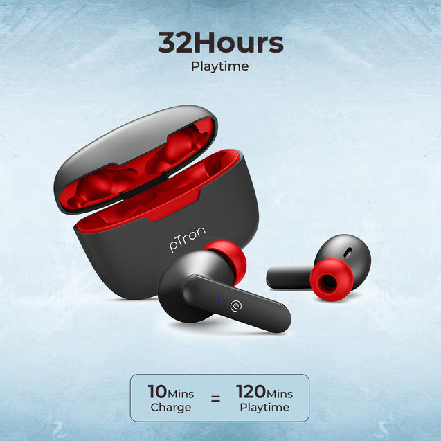 pTron Basspods P81 in-Ear Wireless Earbuds, Pristine Sound, 32Hrs Playtime, Clear Calls TWS Earbuds, Bluetooth V5.1 Headphone, Type-C Fast Charging, Voice Assist & IPX4 Water Resistant (Black & Red)