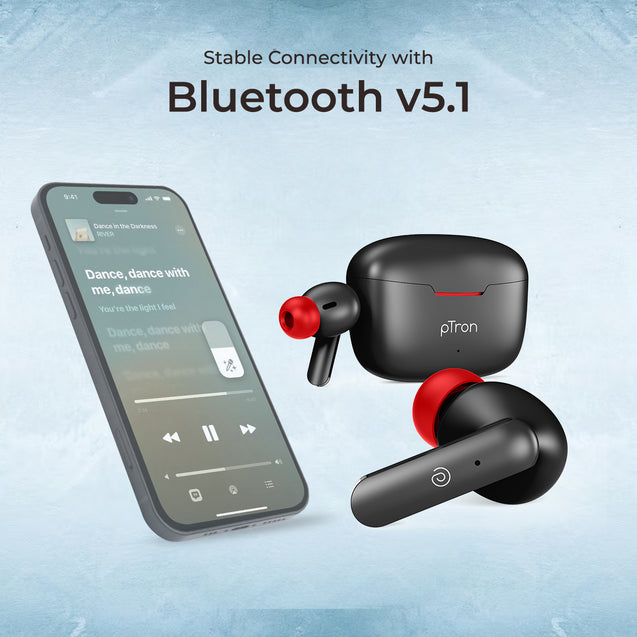 pTron Basspods P81 in-Ear Wireless Earbuds, Pristine Sound, 32Hrs Playtime, Clear Calls TWS Earbuds, Bluetooth V5.1 Headphone, Type-C Fast Charging, Voice Assist & IPX4 Water Resistant (Black & Red)