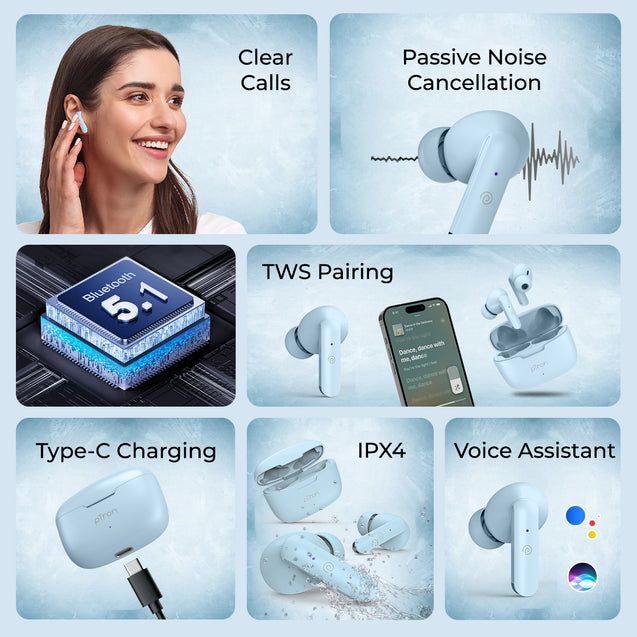 pTron Basspods P81 in-Ear Wireless Earbuds, Pristine Sound, 32Hrs Playtime, Clear Calls TWS Earbuds, Bluetooth V5.1 Headphone, Type-C Fast Charging, Voice Assist & IPX4 Water Resistant (Powder Blue)