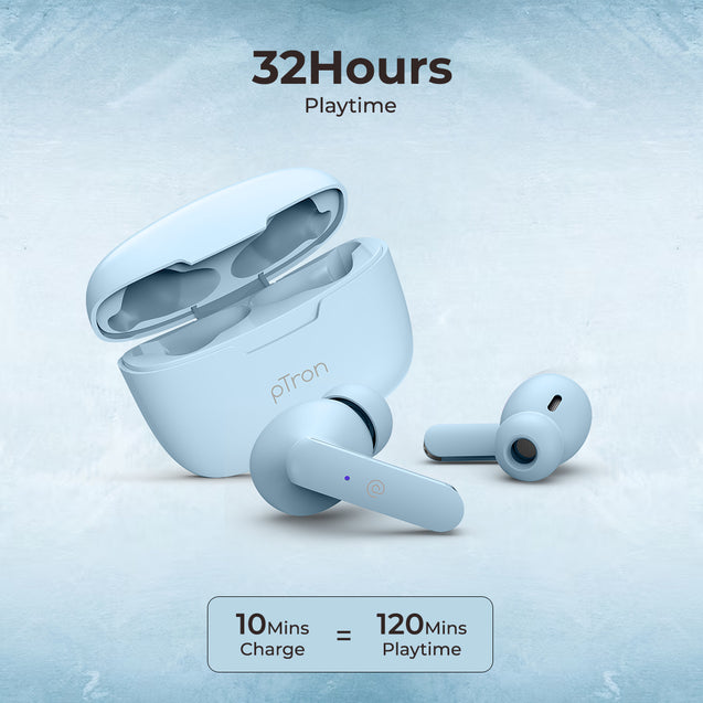 pTron Basspods P81 in-Ear Wireless Earbuds, Pristine Sound, 32Hrs Playtime, Clear Calls TWS Earbuds, Bluetooth V5.1 Headphone, Type-C Fast Charging, Voice Assist & IPX4 Water Resistant (Powder Blue)