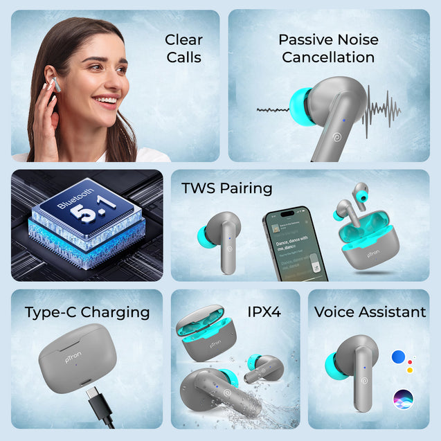 pTron Basspods P81 in-Ear Wireless Earbuds, Pristine Sound, 32Hrs Playtime, Clear Calls TWS Earbuds, Bluetooth V5.1 Headphone, Type-C Fast Charging, Voice Assist & IPX4 Water Resistant (Grey)