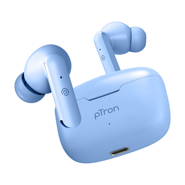 pTron Basspods P81 in-Ear Wireless Earbuds, Pristine Sound, 32Hrs Playtime, Clear Calls TWS Earbuds, Bluetooth V5.1 Headphone, Type-C Fast Charging, Voice Assist & IPX4 Water Resistant (Blue Matt)