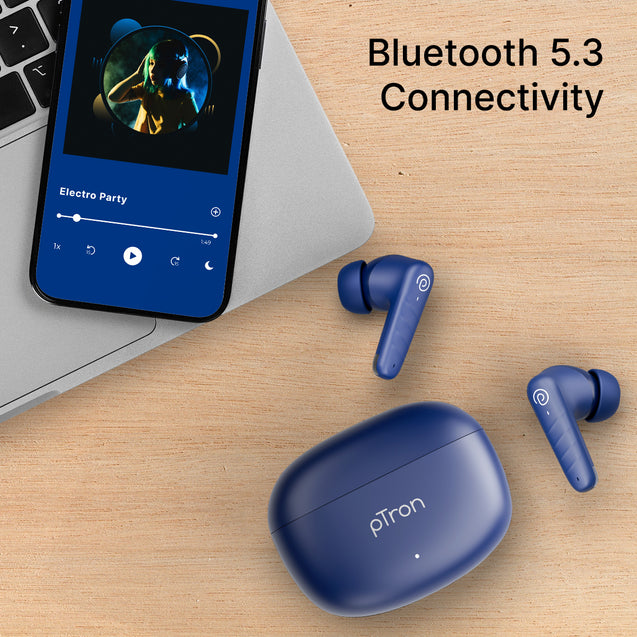 pTron Bassbuds Spark in-Ear TWS Earbuds with Stereo Sound, 40Hrs Playtime, Stereo Calls, Bluetooth V5.3 Headphones with Quick Pairing, Touch Control, Voice Assistant, Type C Charging & IPX5 (Blue)