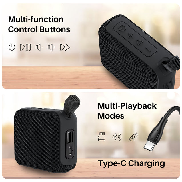 pTron Funk Wow 6W Ultra Portable Bluetooth Speaker with Pristine Sound, IPX5 Water-Resistance, 10hrs Playtime, Multi-Playback Modes, True Wireless Feature, Lightweight & Type C Charging (Black)