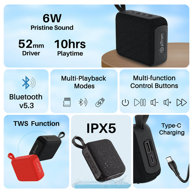 pTron Funk Wow 6W Ultra Portable Bluetooth Speaker with Pristine Sound, IPX5 Water-Resistance, 10hrs Playtime, Multi-Playback Modes, True Wireless Feature, Lightweight & Type C Charging (Black)