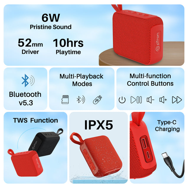 pTron Funk Wow 6W Ultra Portable Bluetooth Speaker with Pristine Sound, IPX5 Water-Resistance, 10hrs Playtime, Multi-Playback Modes, True Wireless Feature, Lightweight & Type C Charging (Red)