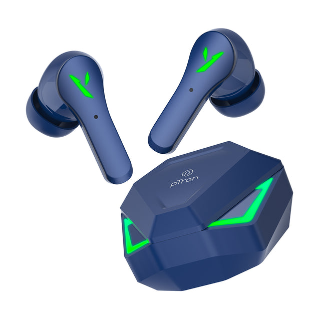 pTron Bassbuds Rogue W/ 40Ms Low-Latency Gaming, Clear Calls, 50Hrs Playtime, Pristine Sound, V5.3 Bluetooth in Ear Headphones, Snug-Fit, RGB Lights, Touch Control, Voice Assist, IPX5 Water Resistant (Blue)