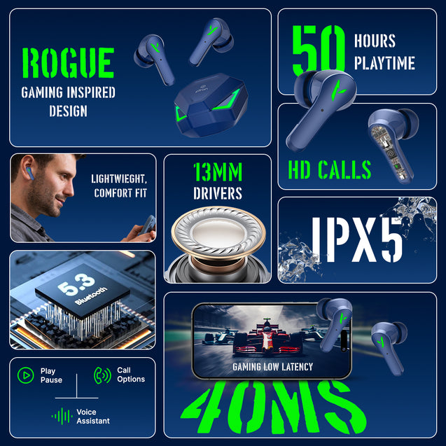pTron Bassbuds Rogue W/ 40Ms Low-Latency Gaming, Clear Calls, 50Hrs Playtime, Pristine Sound, V5.3 Bluetooth in Ear Headphones, Snug-Fit, RGB Lights, Touch Control, Voice Assist, IPX5 Water Resistant (Blue)