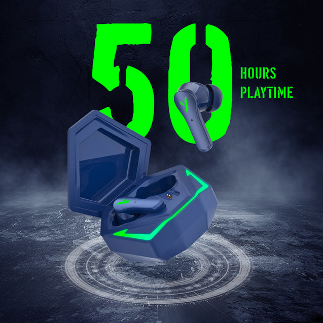 pTron Bassbuds Rogue W/ 40Ms Low-Latency Gaming, Clear Calls, 50Hrs Playtime, Pristine Sound, V5.3 Bluetooth in Ear Headphones, Snug-Fit, RGB Lights, Touch Control, Voice Assist, IPX5 Water Resistant (Blue)