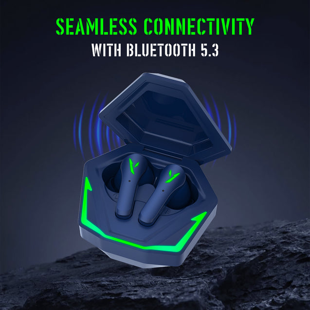 pTron Bassbuds Rogue W/ 40Ms Low-Latency Gaming, Clear Calls, 50Hrs Playtime, Pristine Sound, V5.3 Bluetooth in Ear Headphones, Snug-Fit, RGB Lights, Touch Control, Voice Assist, IPX5 Water Resistant (Blue)