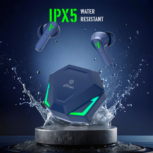 pTron Bassbuds Rogue W/ 40Ms Low-Latency Gaming, Clear Calls, 50Hrs Playtime, Pristine Sound, V5.3 Bluetooth in Ear Headphones, Snug-Fit, RGB Lights, Touch Control, Voice Assist, IPX5 Water Resistant (Blue)