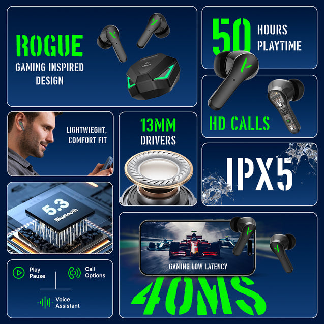 pTron Bassbuds Rogue W/ 40Ms Low-Latency Gaming, Clear Calls, 50Hrs Playtime, Pristine Sound, V5.3 Bluetooth in Ear Headphones, Snug-Fit, RGB Lights, Touch Control, Voice Assist, IPX5 Water Resistant (Black)