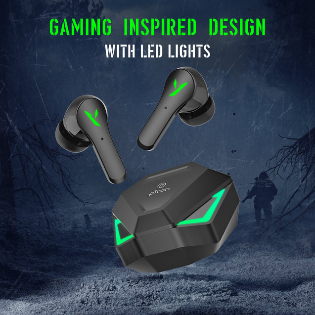 pTron Bassbuds Rogue W/ 40Ms Low-Latency Gaming, Clear Calls, 50Hrs Playtime, Pristine Sound, V5.3 Bluetooth in Ear Headphones, Snug-Fit, RGB Lights, Touch Control, Voice Assist, IPX5 Water Resistant (Black)
