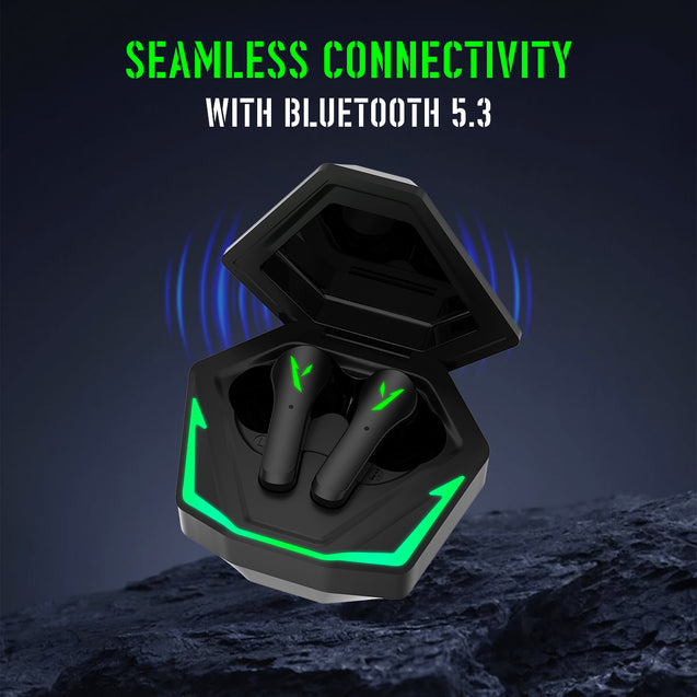 pTron Bassbuds Rogue W/ 40Ms Low-Latency Gaming, Clear Calls, 50Hrs Playtime, Pristine Sound, V5.3 Bluetooth in Ear Headphones, Snug-Fit, RGB Lights, Touch Control, Voice Assist, IPX5 Water Resistant (Black)