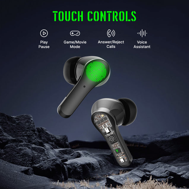 pTron Bassbuds Rogue W/ 40Ms Low-Latency Gaming, Clear Calls, 50Hrs Playtime, Pristine Sound, V5.3 Bluetooth in Ear Headphones, Snug-Fit, RGB Lights, Touch Control, Voice Assist, IPX5 Water Resistant (Black)
